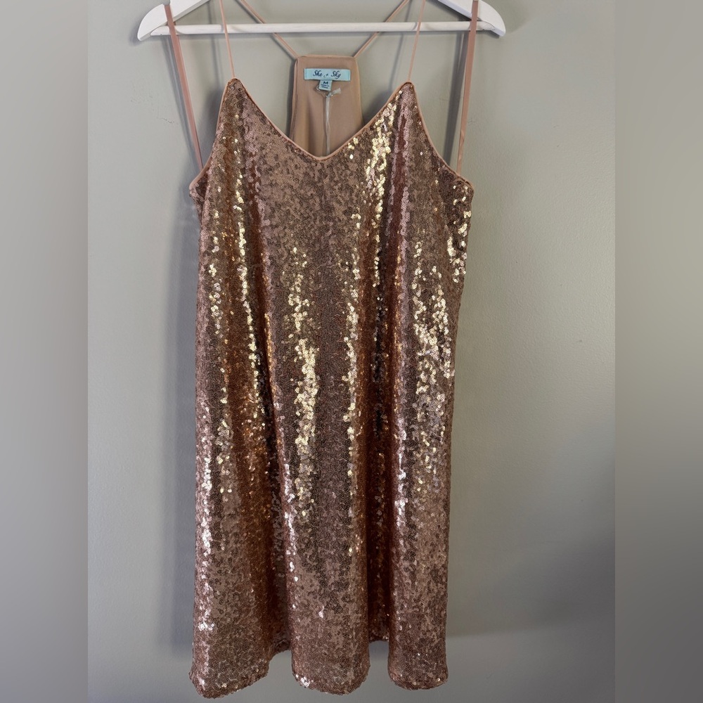 She + Sky Rose Gold Sequin Mini Razor Back Slip Dress